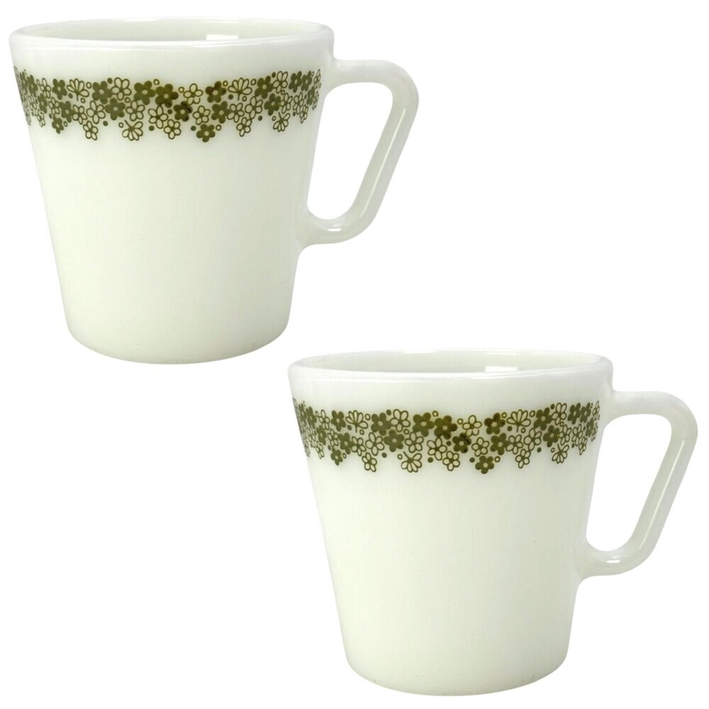 Two (2) Pyrex Coffee Mug Cup Corning NY USA MCM VTG Pattern Spring Blossom Green